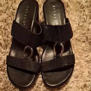 Pesaro Glittery Black Slide Sandals with Metallic Rings